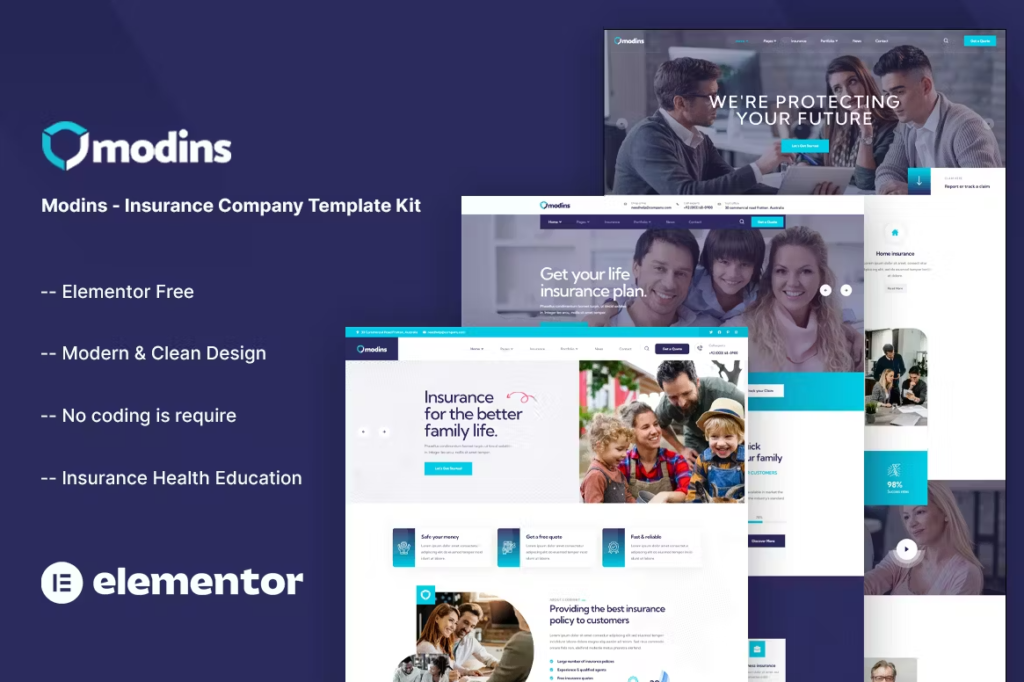 Modins - Insurance Company Elementor Template Kit Free